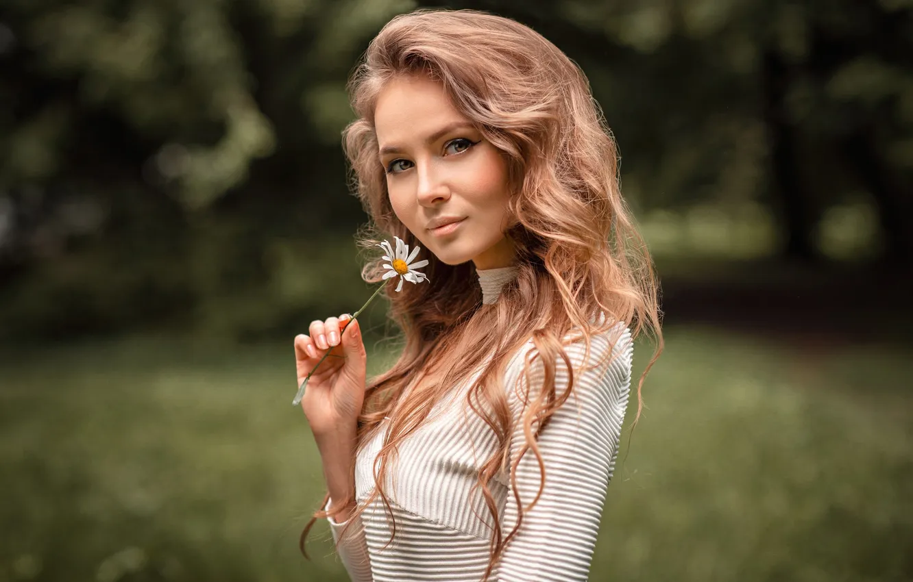 Photo wallpaper look, girl, flowers, face, portrait, chamomile, hands, long hair