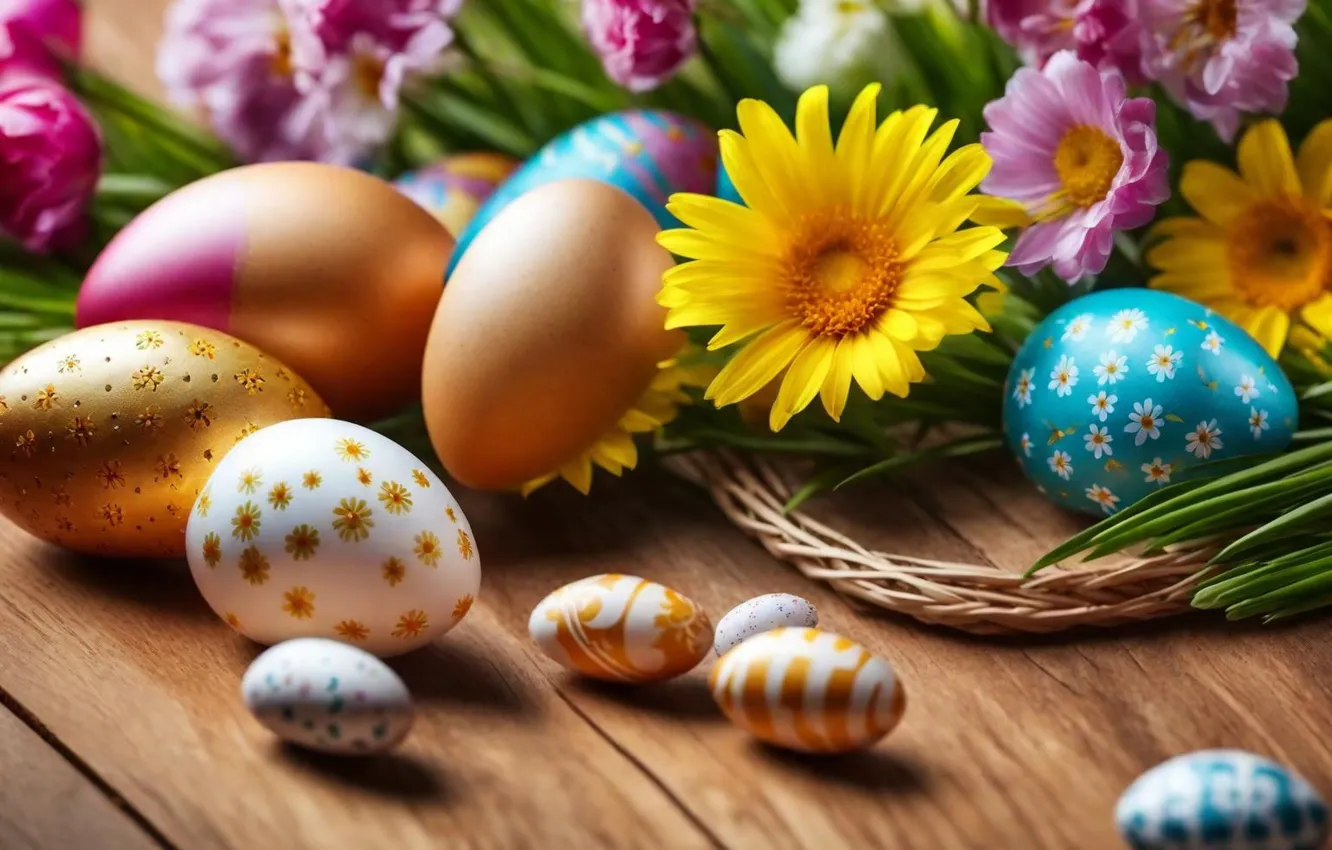 Photo wallpaper flowers, eggs, spring, colorful, Easter, flowers, spring, Easter