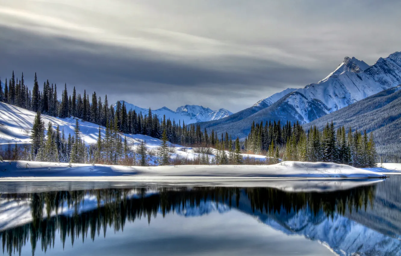 Photo wallpaper winter, snow, mountains, lake, landscape, winter, snow