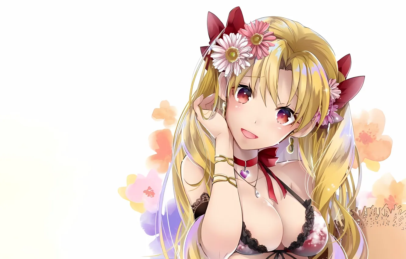 Photo wallpaper girl, sexy, cleavage, long hair, boobs, anime, flowers, beautiful