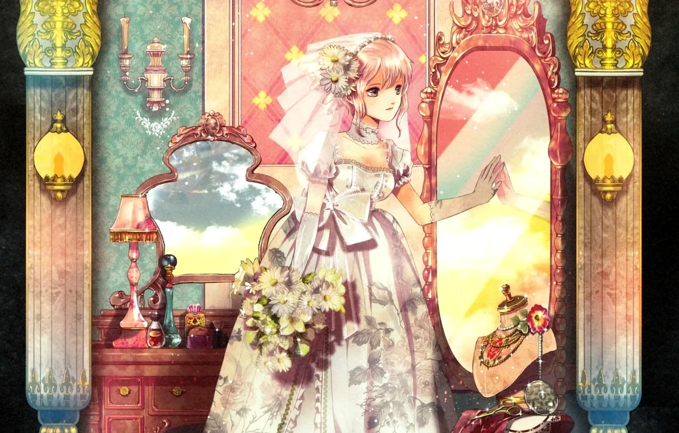 Photo wallpaper decoration, mirror, the bride, veil, candle holder, wedding dress, gloves elbow, boudoir