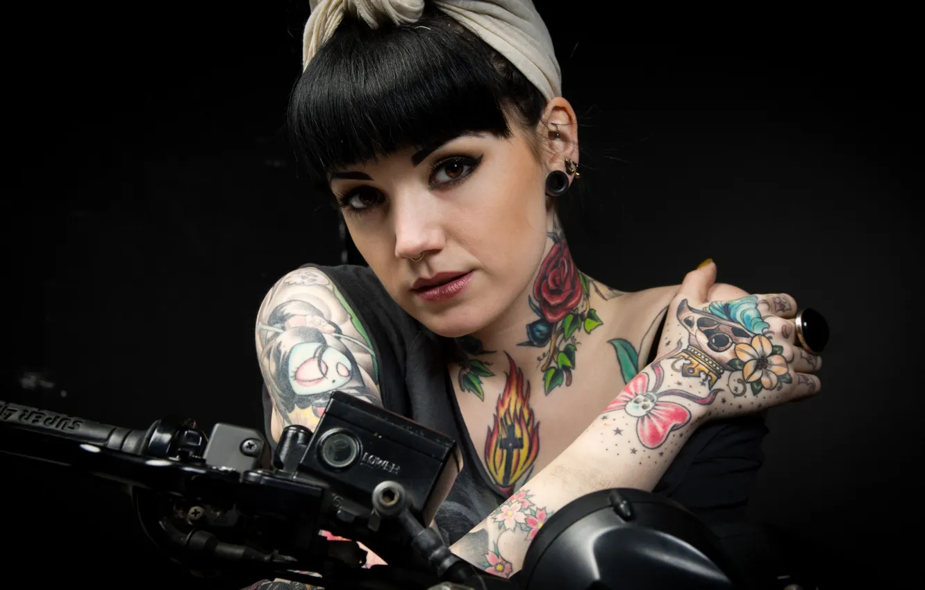 Photo wallpaper look, girl, pose, earrings, makeup, tattoo