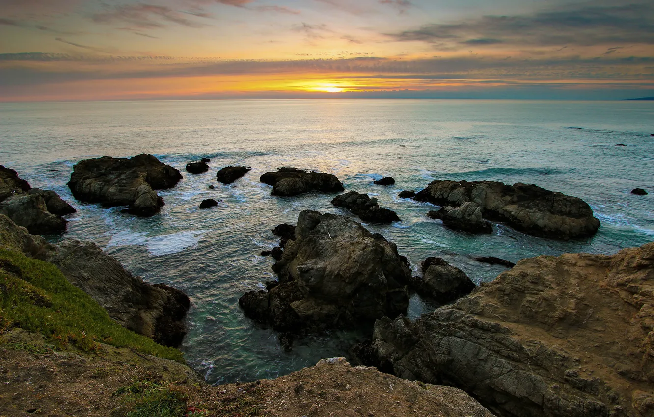 Photo wallpaper sunset, the ocean, rocks