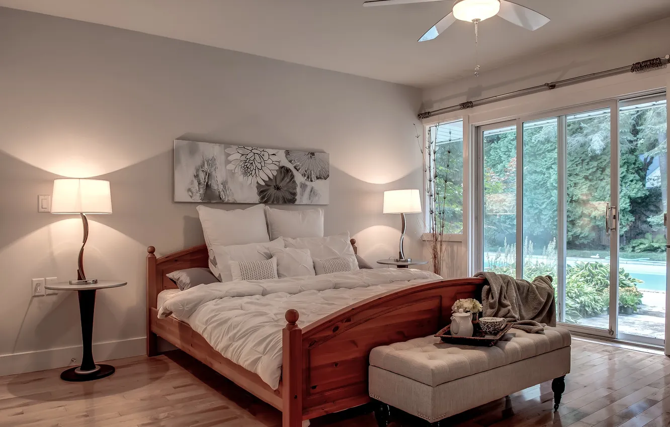 Photo wallpaper design, style, lamp, bed, pillow, bedroom, panels