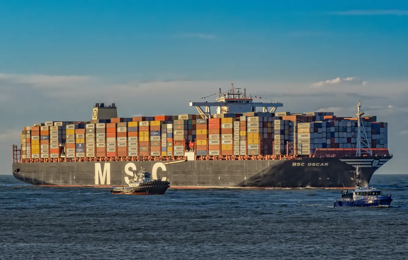 Photo wallpaper sea, the sky, ship, barge, a container ship