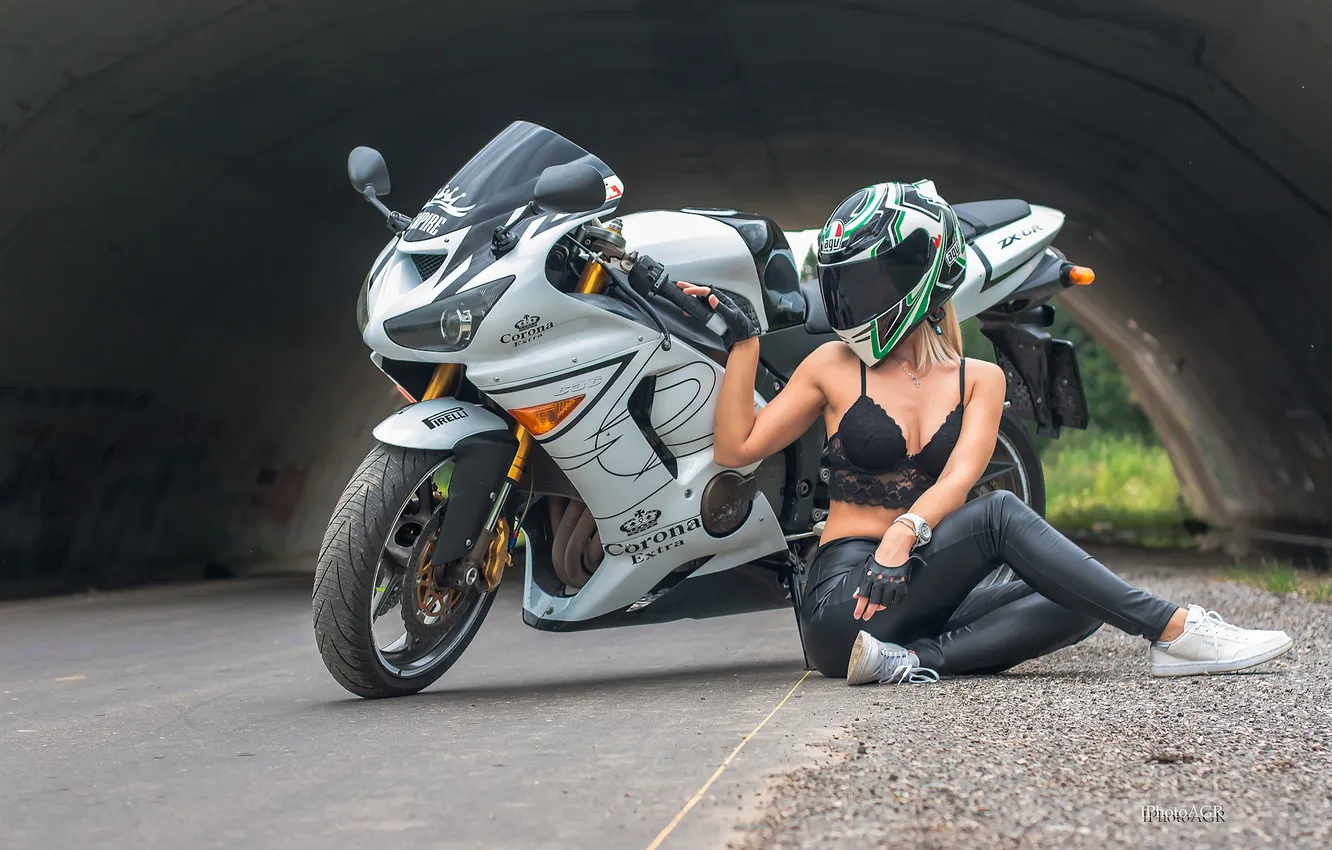 Photo wallpaper girl, motorcycle, helmet, bokeh, sitting, bustier