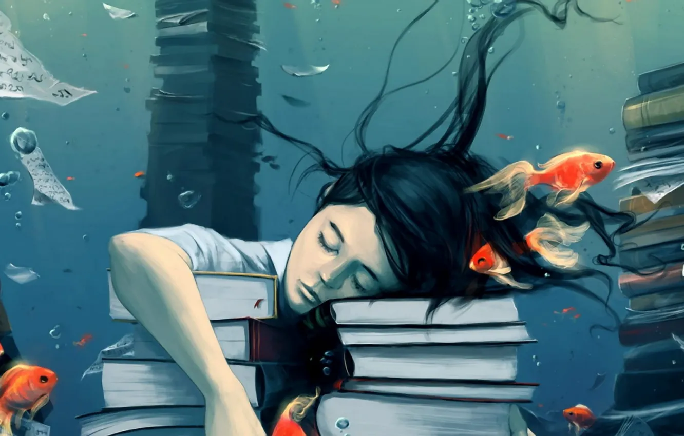 Photo wallpaper water, fish, dreams, bubbles, calm, study, books, sleep