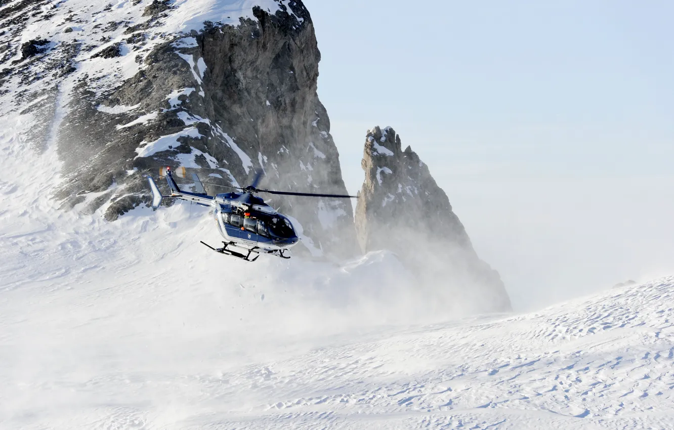 Photo wallpaper Winter, Photo, Mountains, Rocks, Snow, Flight, Slope, Helicopter
