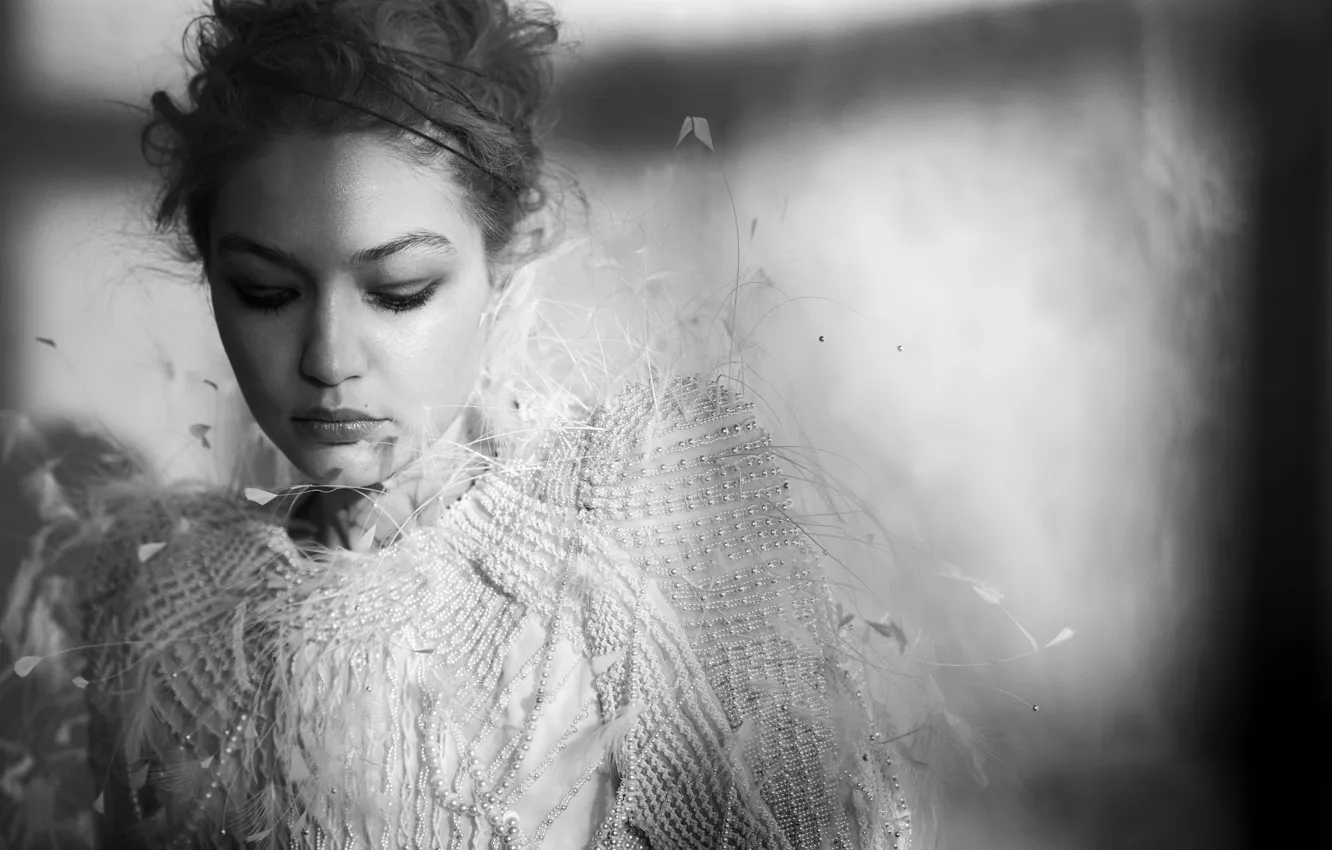 Photo wallpaper model, portrait, black and white, Gigi Hadid