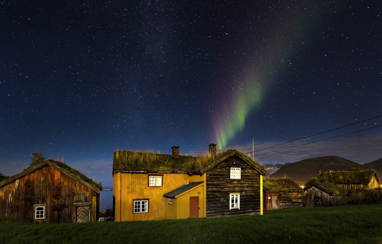 Photo wallpaper houses, bay, northern lights, aurora borealis, turf houses