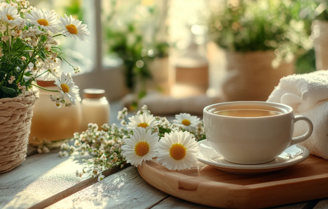 Photo wallpaper light, flowers, table, tea, Board, plant, chamomile, drink