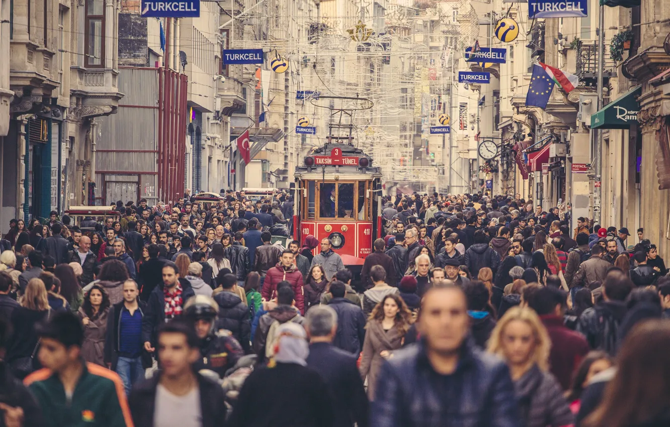Photo wallpaper street, people, Istanbul, crowd, Turkey, tram, cityscape, everyday life