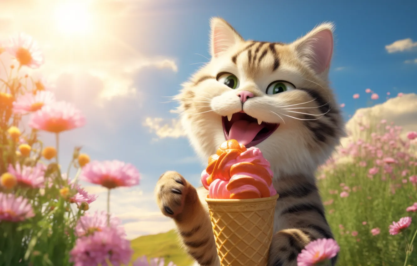 Photo wallpaper field, language, cat, summer, the sky, cat, look, the sun
