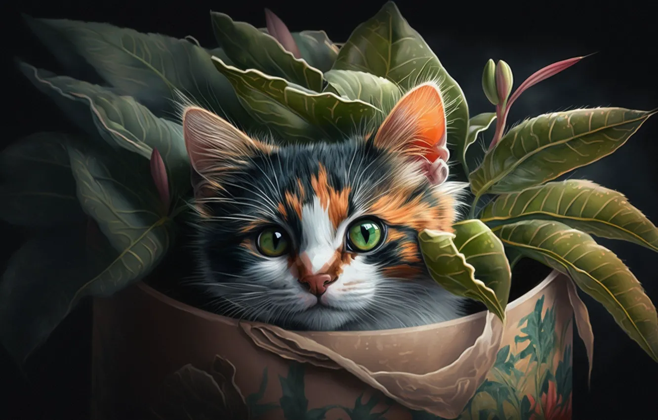 Photo wallpaper look, flowers, the dark background, art, kitty, face, digital art, AI art