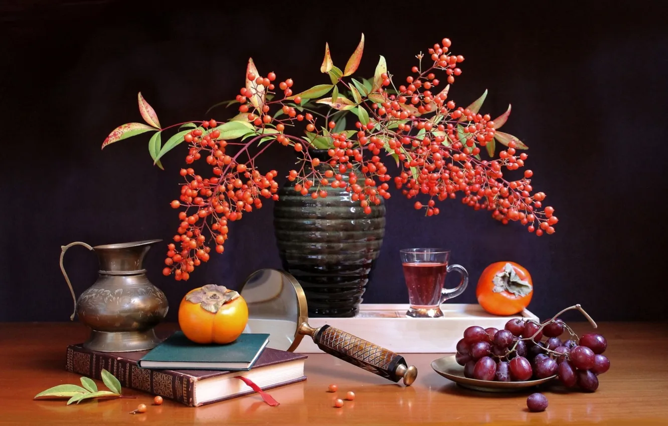 Photo wallpaper autumn, berries, grapes, book, still life, magnifier, persimmon