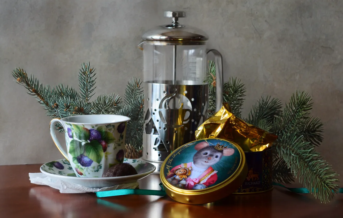 Photo wallpaper table, tea, tree, new year, kettle, tape, Cup, still life