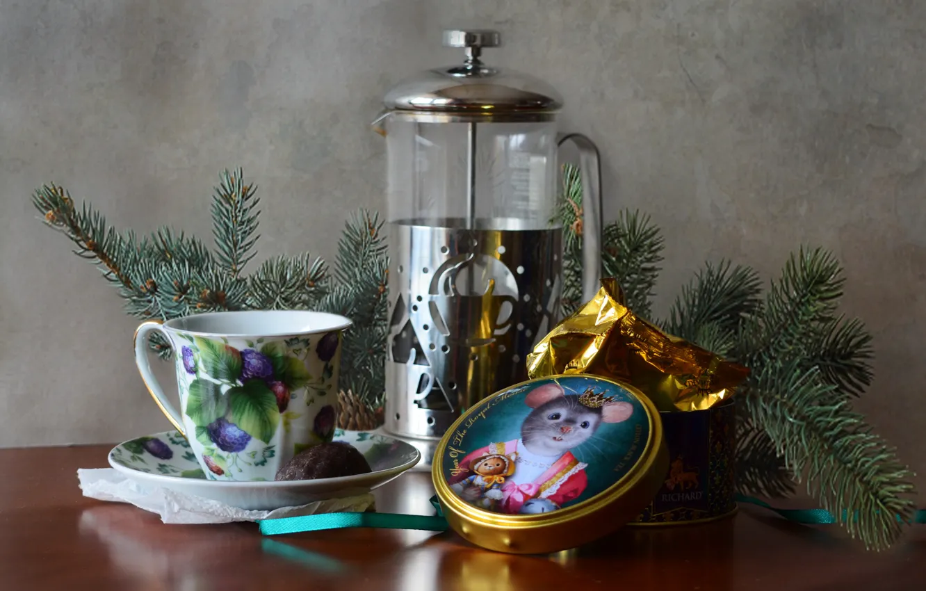 Photo wallpaper table, tea, new year, kettle, tape, Cup, tree, still life
