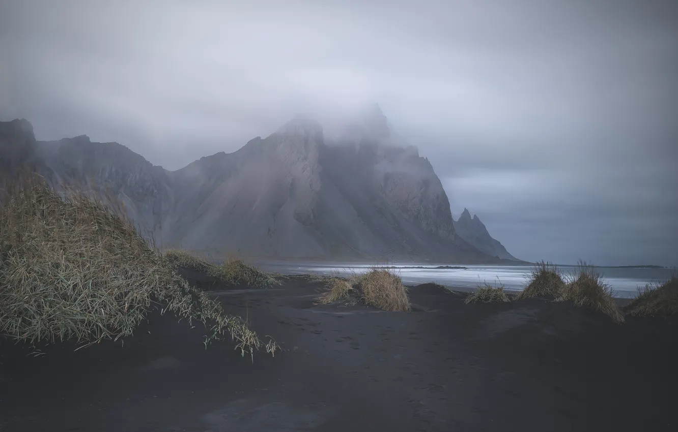 Photo wallpaper beach, the sky, mountains, clouds, nature, the ocean, rocks, shore