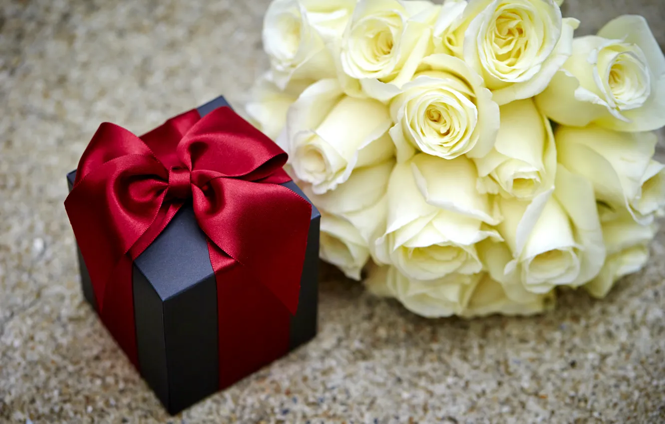Photo wallpaper box, gift, roses, love, bow, heart, flowers, romantic