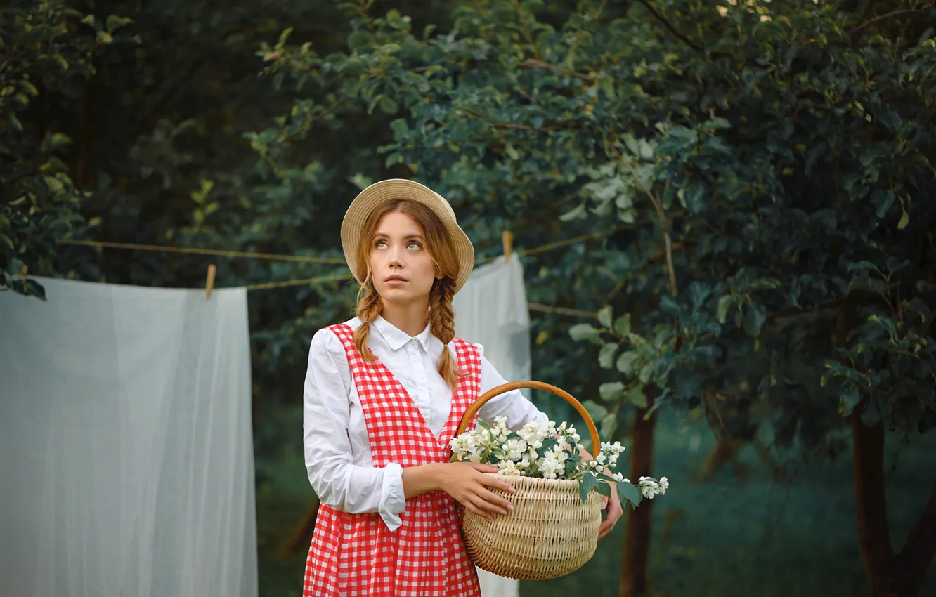 Photo wallpaper girl, trees, basket, garden, braids, hat, sundress, Jasmine