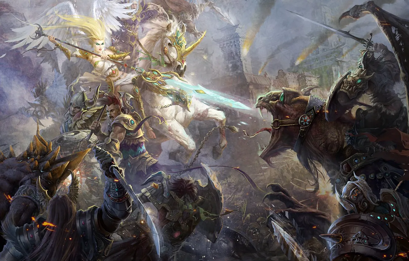 Photo wallpaper monster, angel, art, blow, spear, battle, army