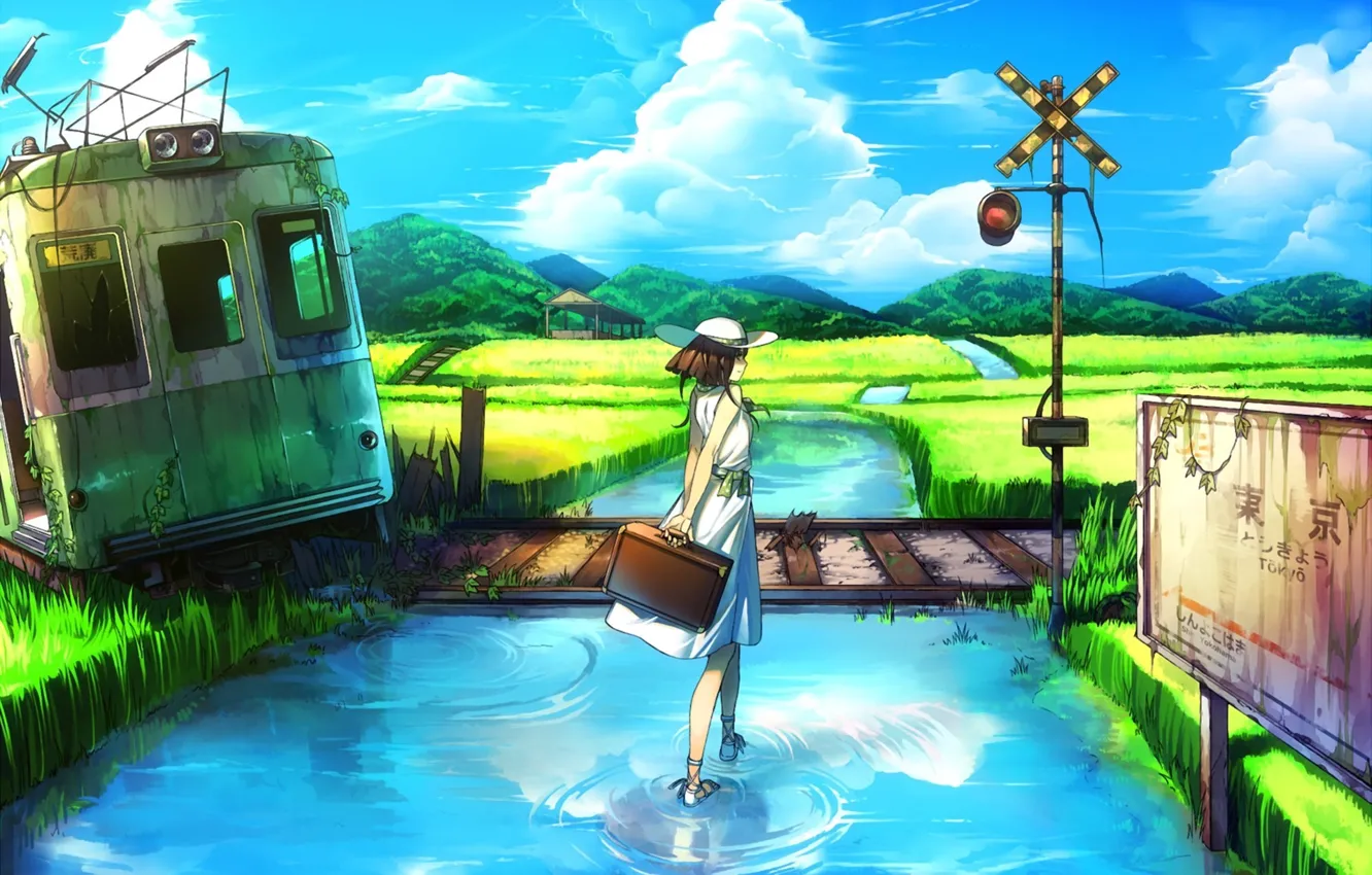 Photo wallpaper water, girl, landscape, river, plate, hat, art, the car