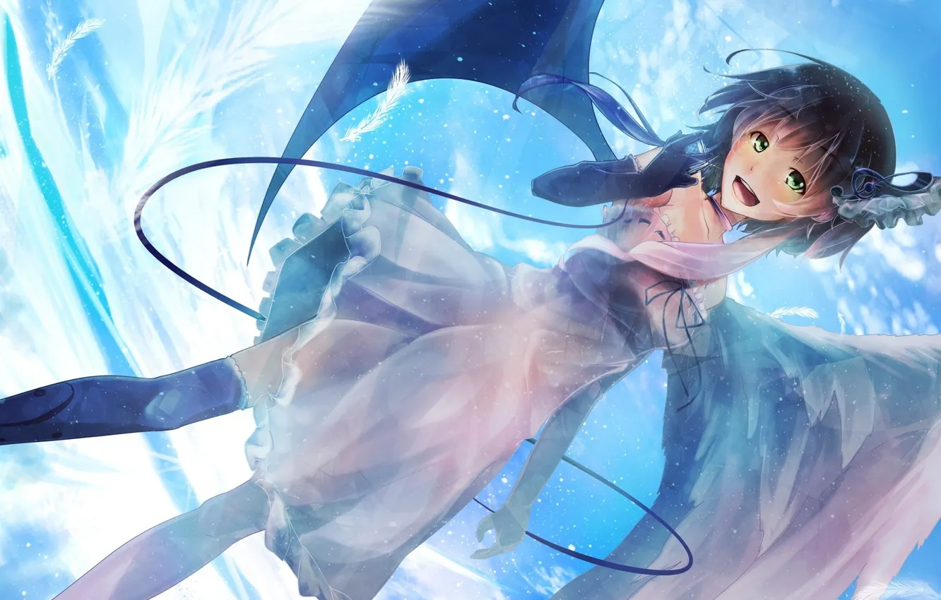 Photo wallpaper the sky, girl, clouds, smile, wings, anime, feathers, art