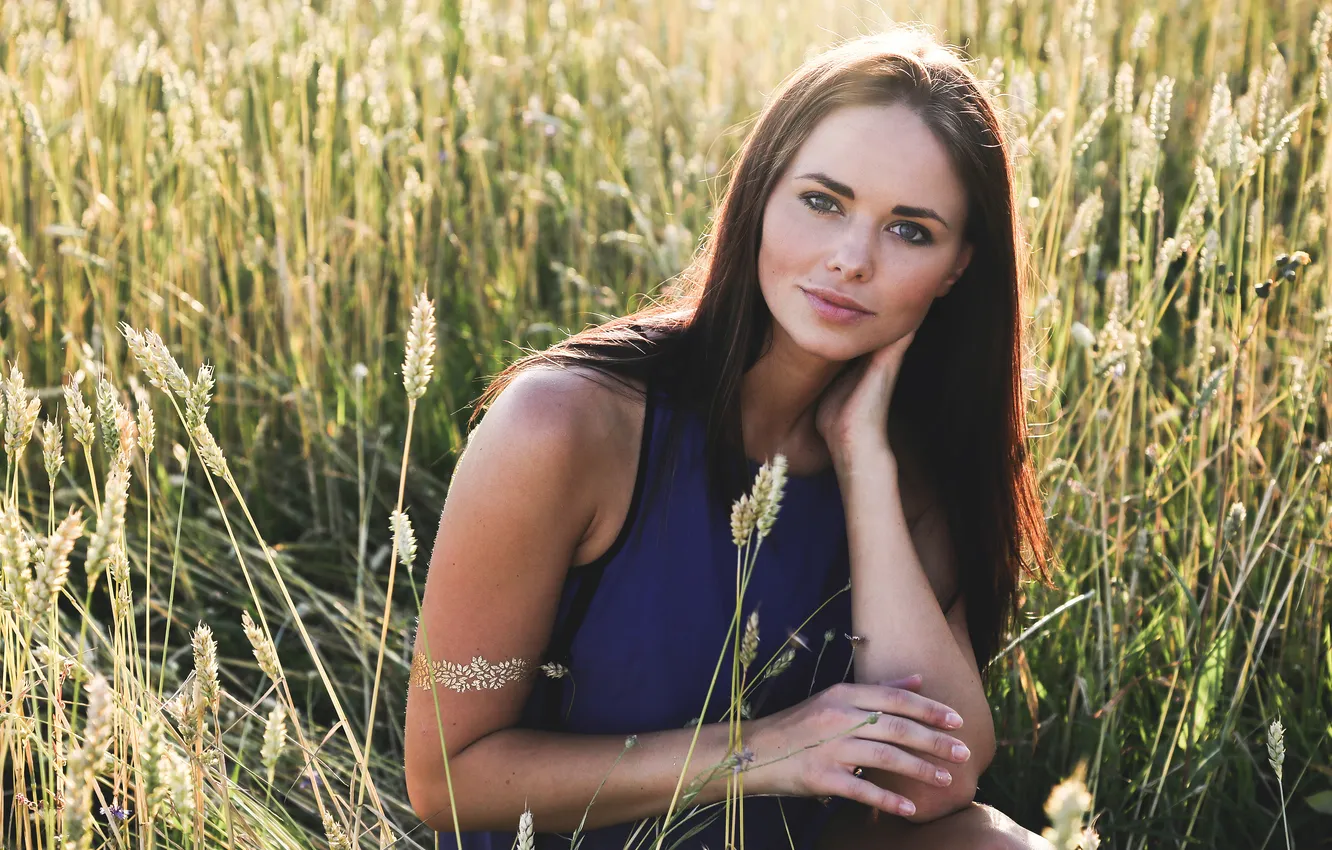 Photo wallpaper grass, girl, brunette
