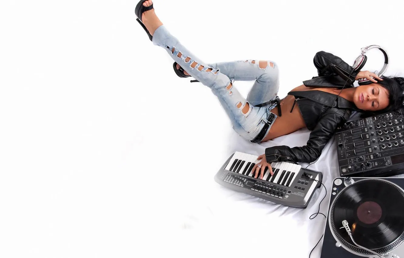 Photo wallpaper girl, headphones, torn jeans, equipment DJ