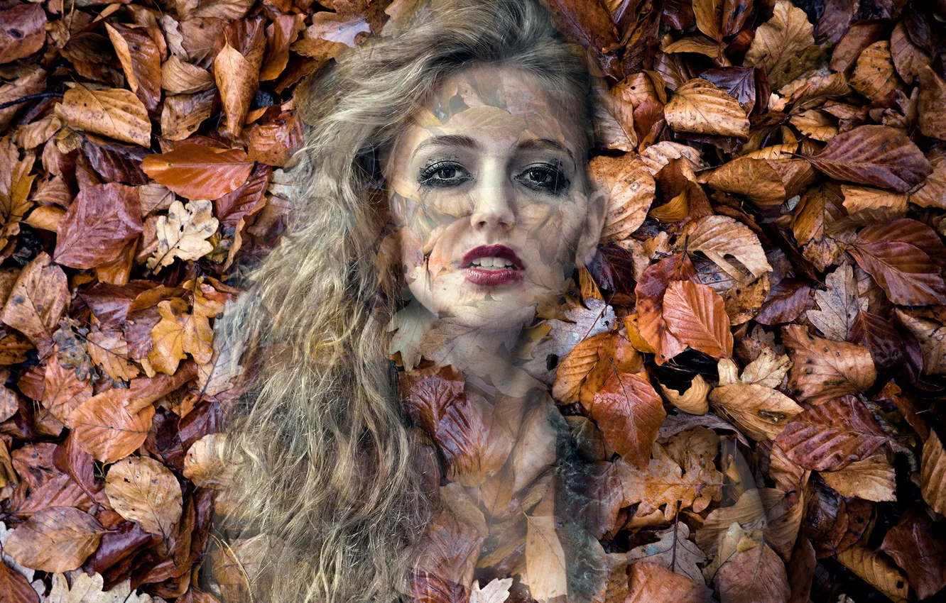 Photo wallpaper look, leaves, girl