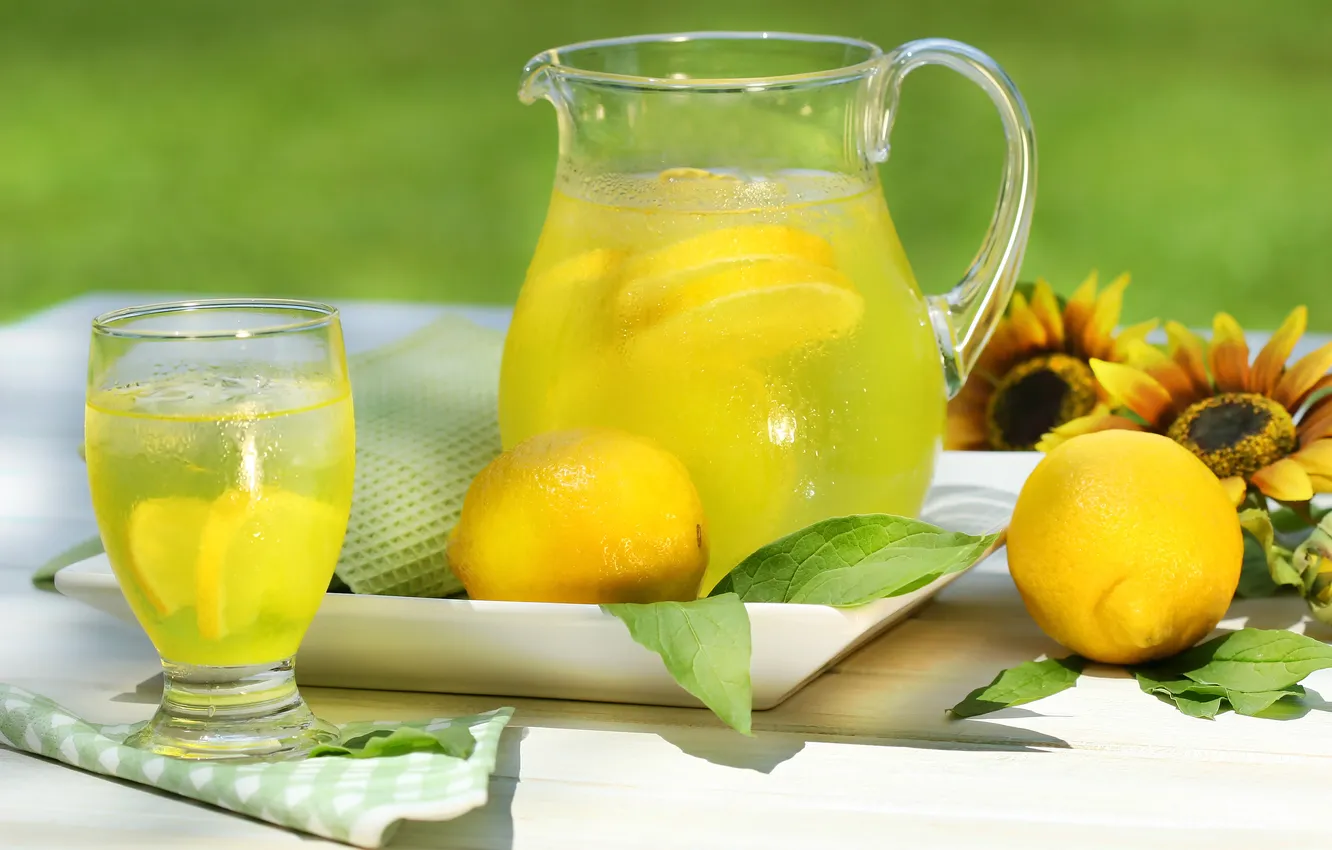 Photo wallpaper glass, lemon, sunflower, pitcher, Lemonade