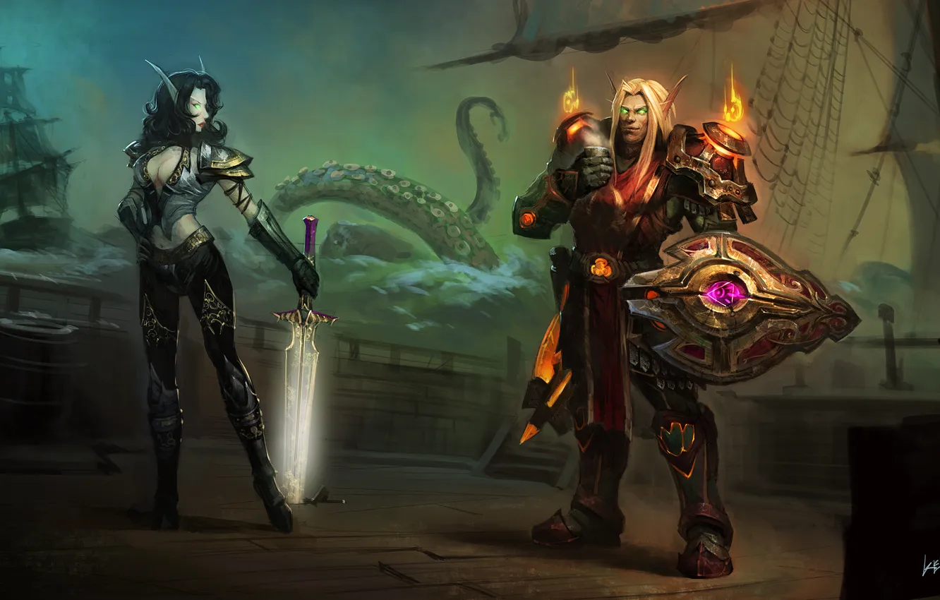 Photo wallpaper elf, ship, armor, warrior, tentacles, World of Warcraft, wow