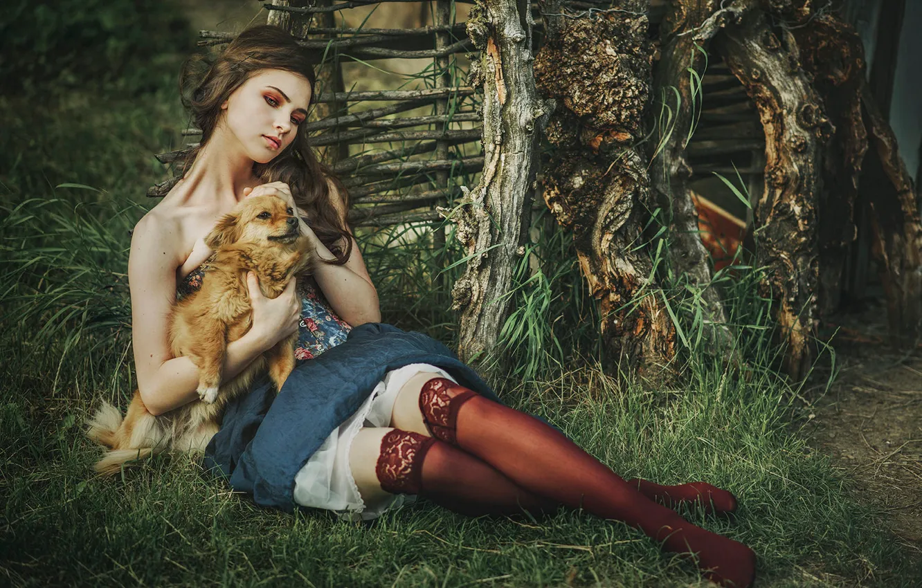 Photo wallpaper girl, nature, dog, stockings, legs, Cristina Venedict