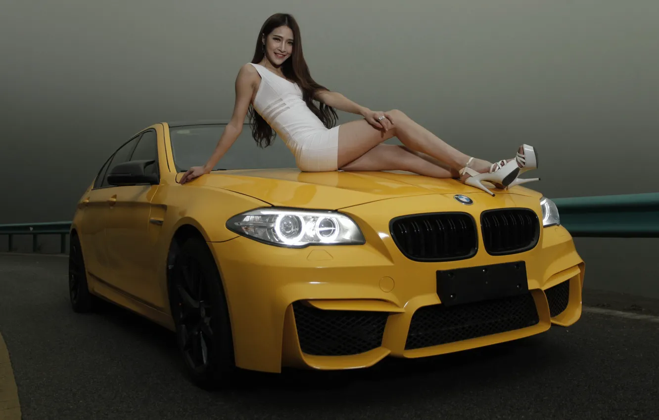 Photo wallpaper look, girl, BMW, Asian, beautiful girl, yellow car, sitting on the hood