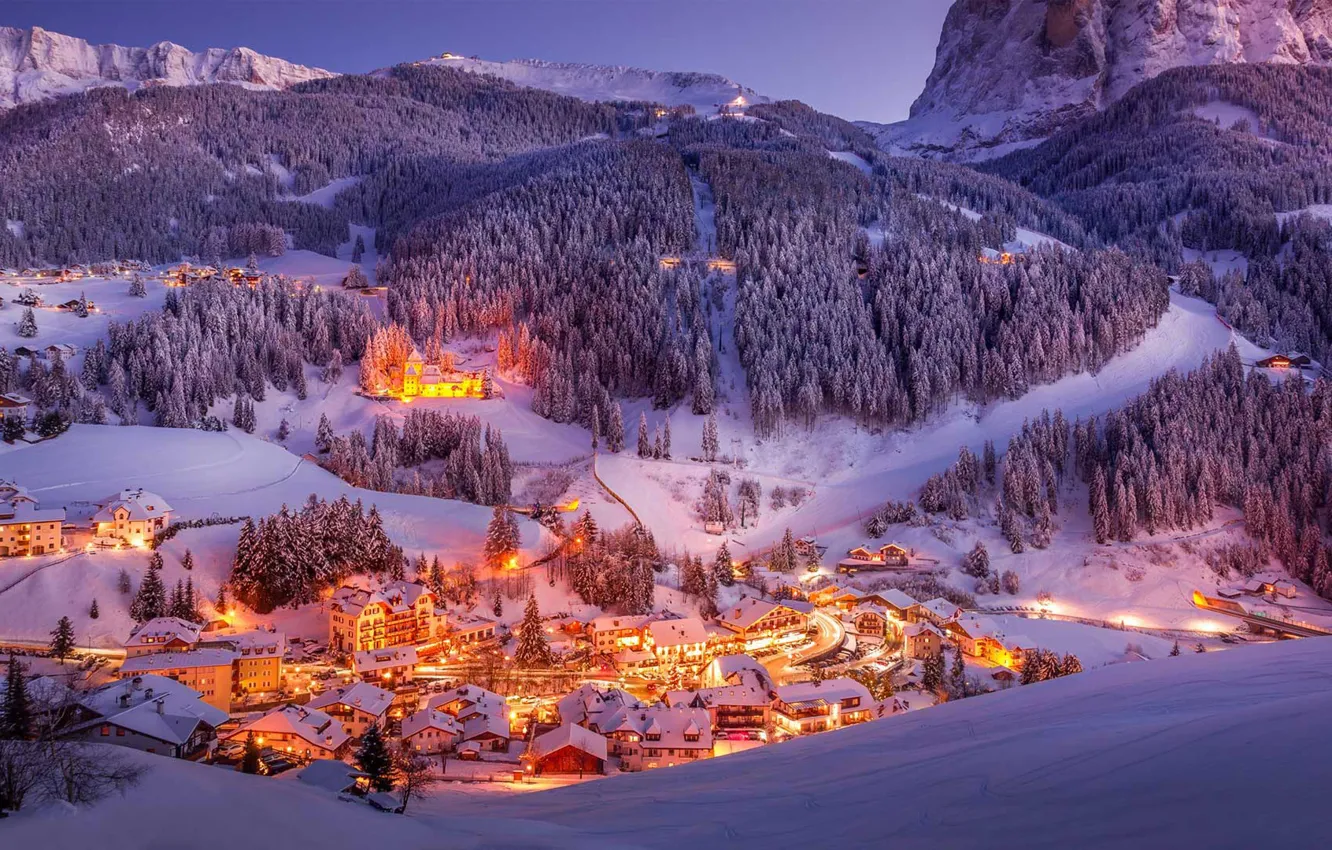 Photo wallpaper winter, snow, mountains, lights, valley, Italy, The Dolomites, Val Gardena