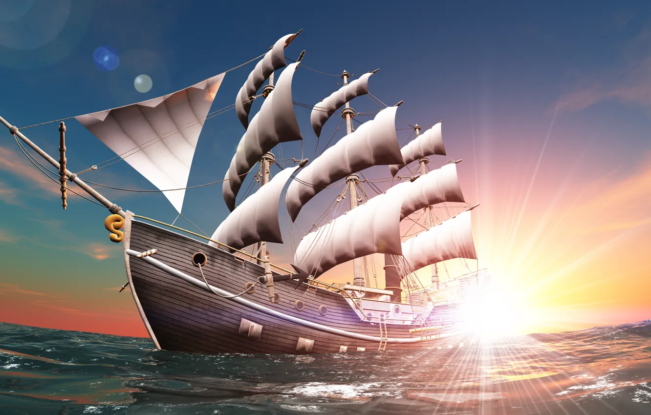 Photo wallpaper the sky, the sun, landscape, rendering, dawn, graphics, ship, beauty