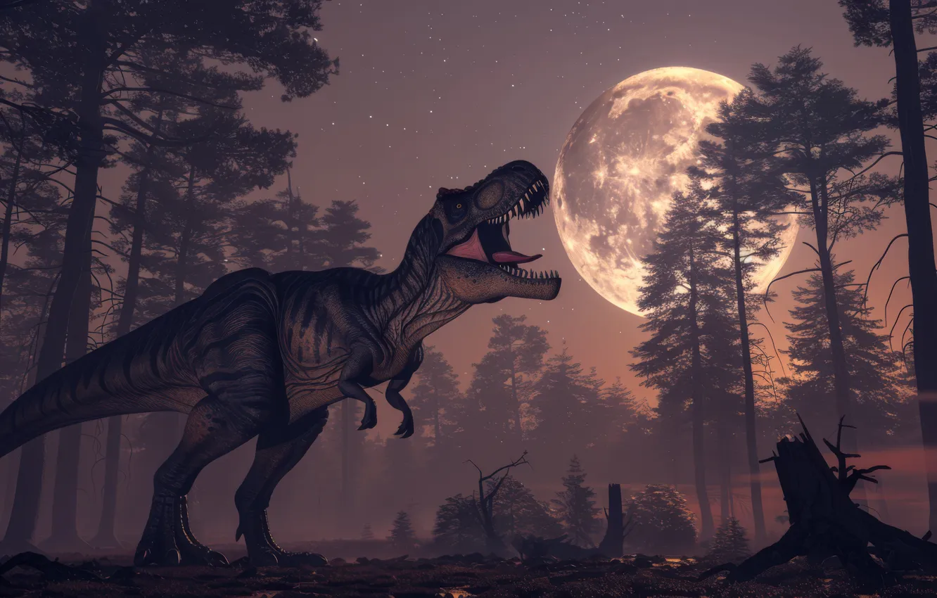 Photo wallpaper trees, night, animal, the moon, dinosaur, predator, Tyrannosaurus, digital art