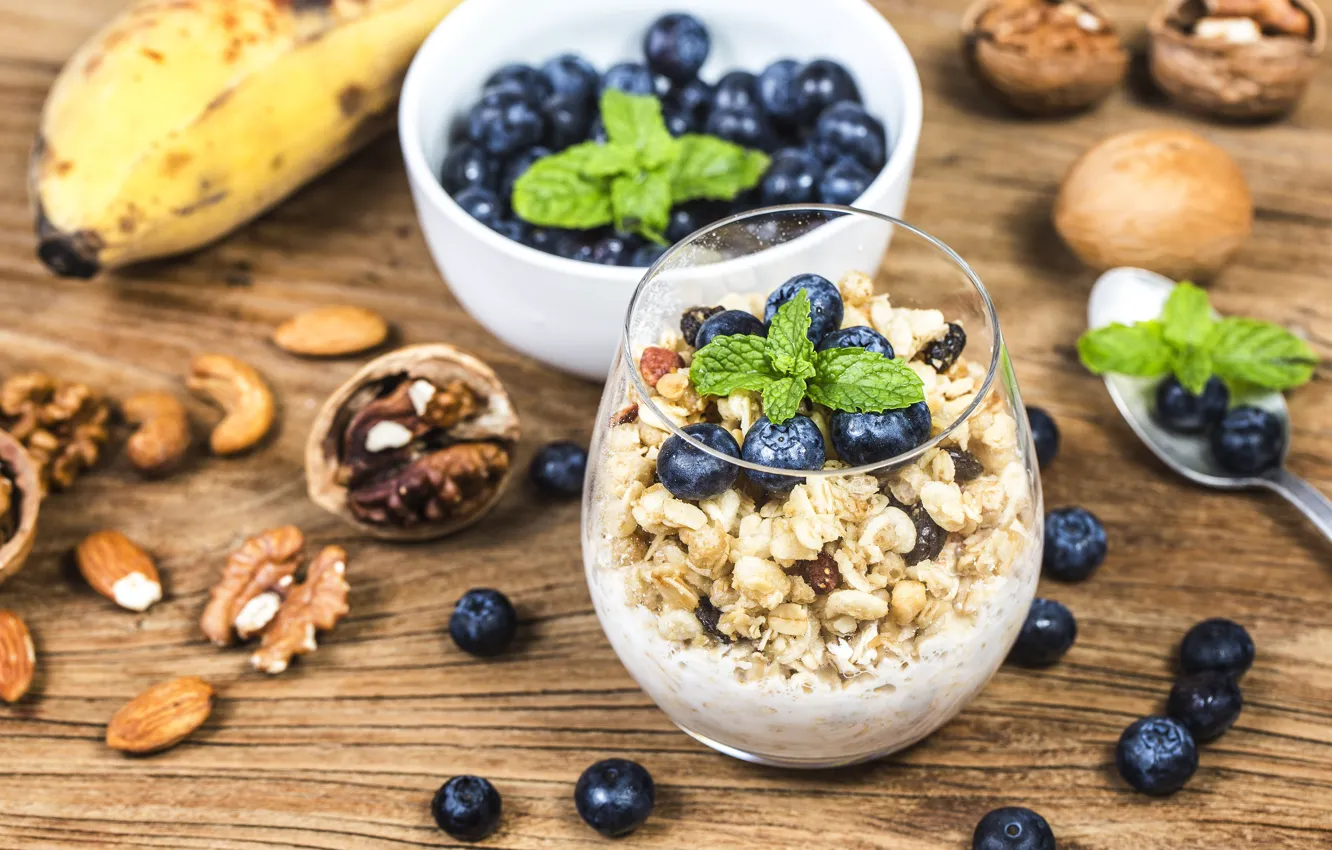 Photo wallpaper berries, nuts, cereal, yogurt