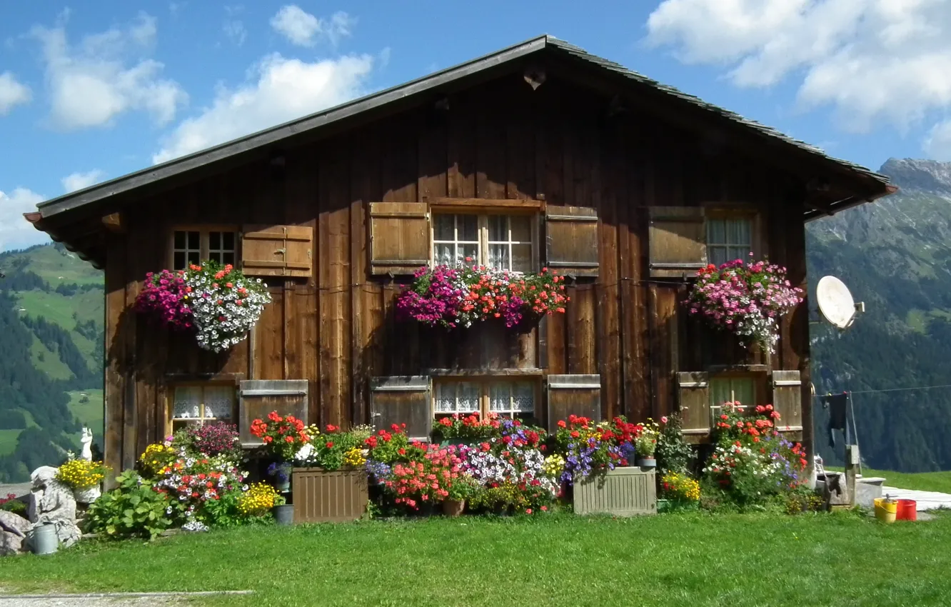 Photo wallpaper house, Austria, flowers, pots, Austria, Vorarlberg, Vorarlberg