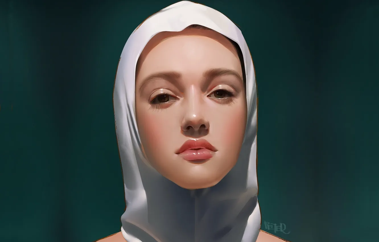 Photo wallpaper face, portrait of a girl, white handkerchief