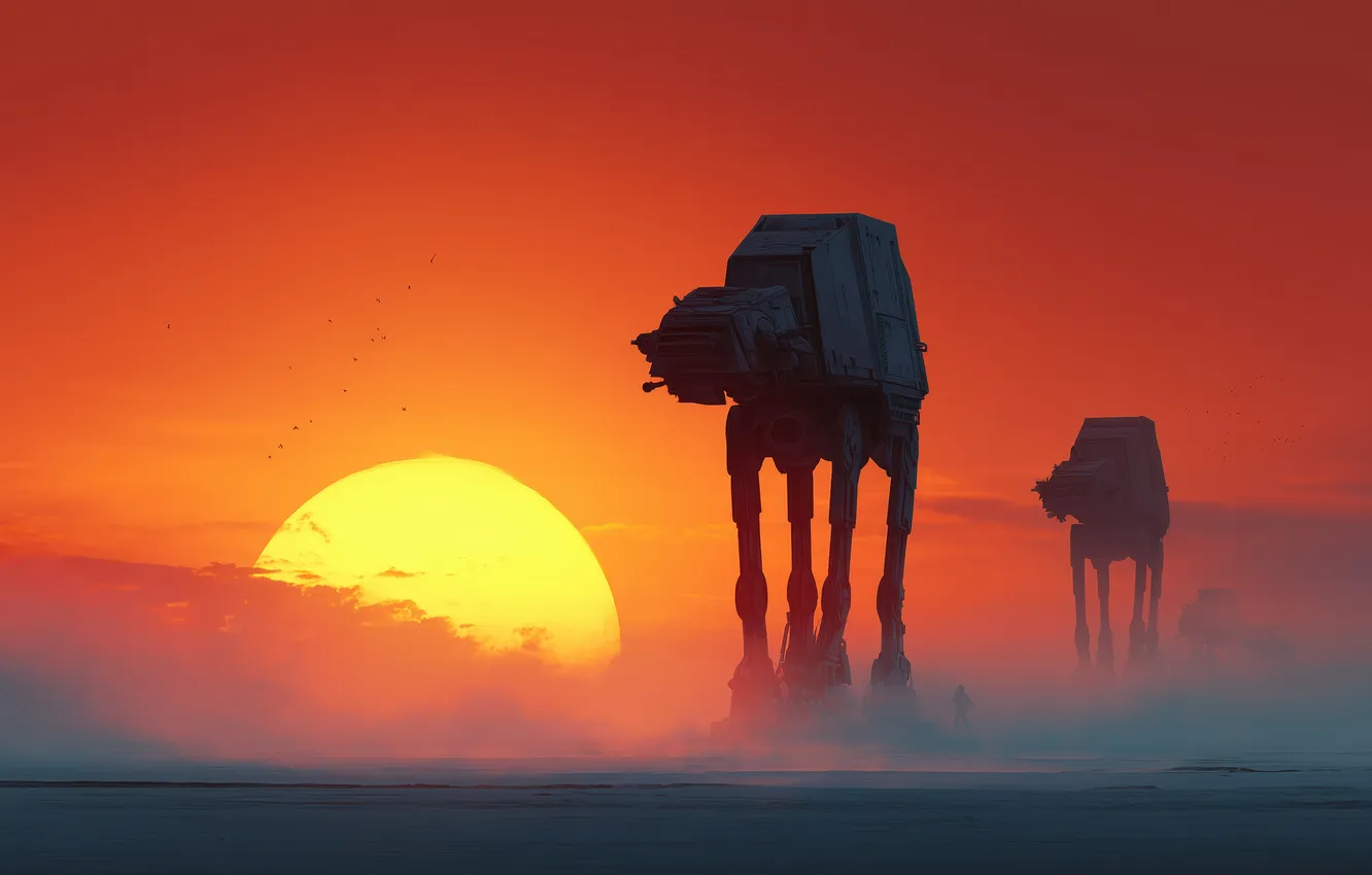 Photo wallpaper Star Wars, sunset, science fiction, clouds, orange, AT-AT, silhouette