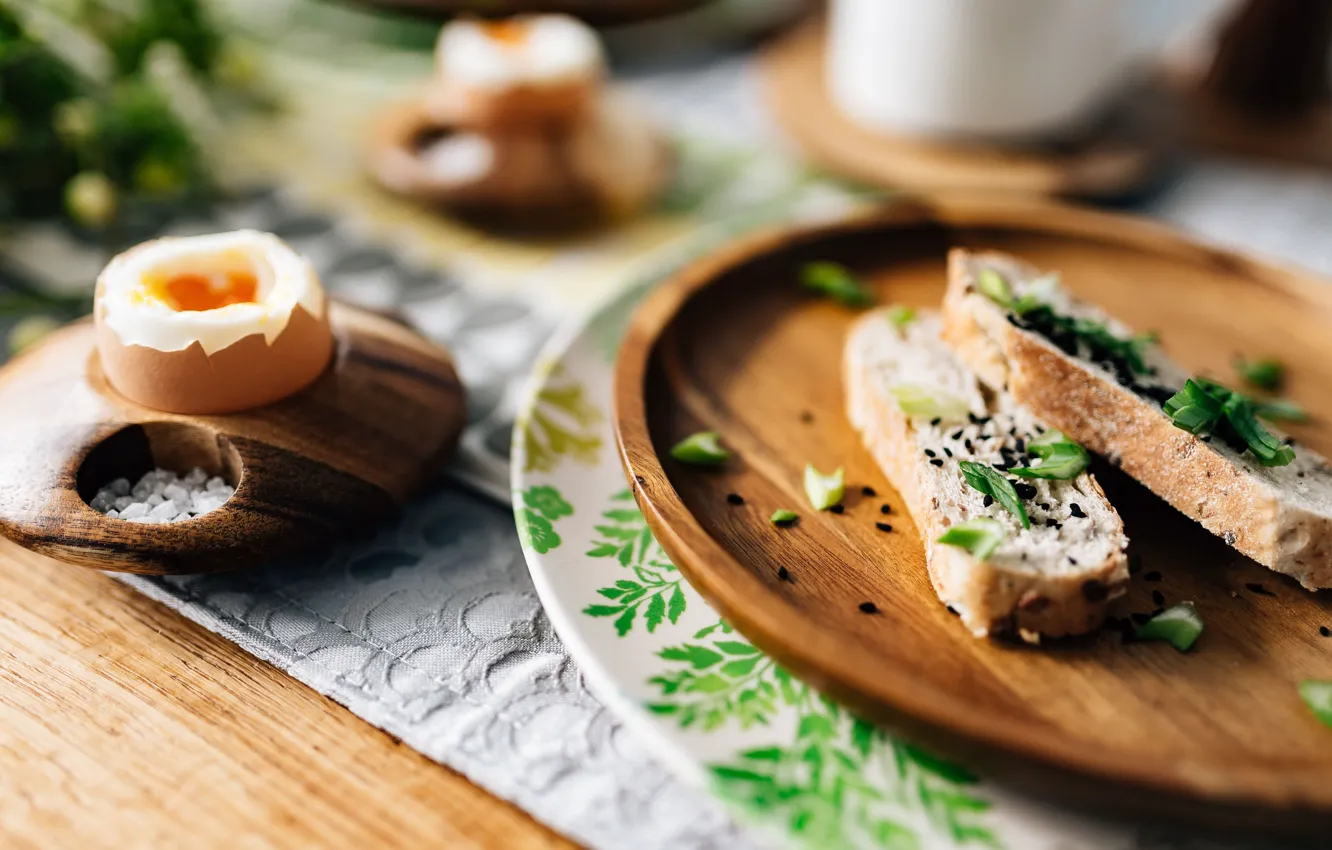Photo wallpaper greens, table, Board, eggs, Breakfast, bow, plate, bread