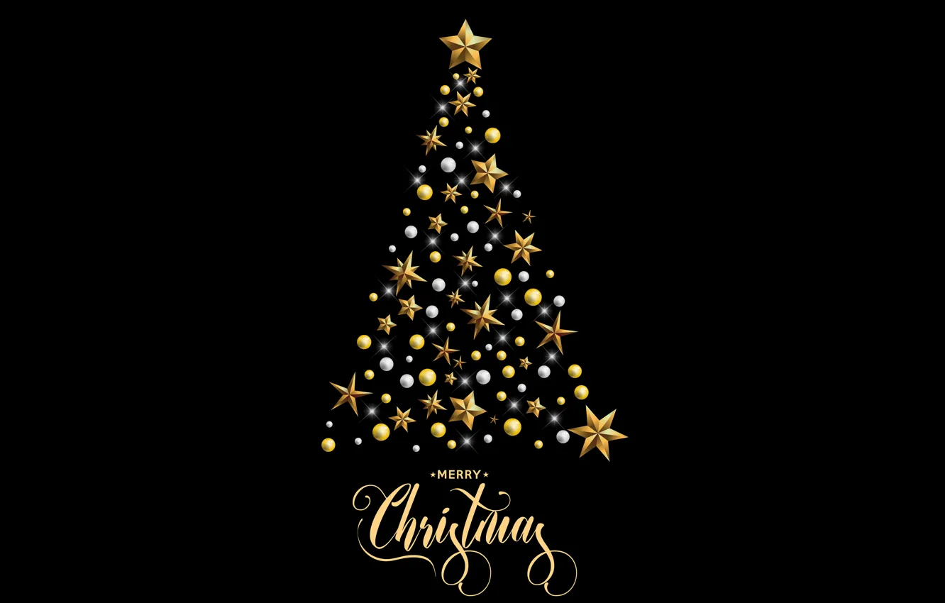 Photo wallpaper decoration, gold, tree, New Year, Christmas, golden, black background, black