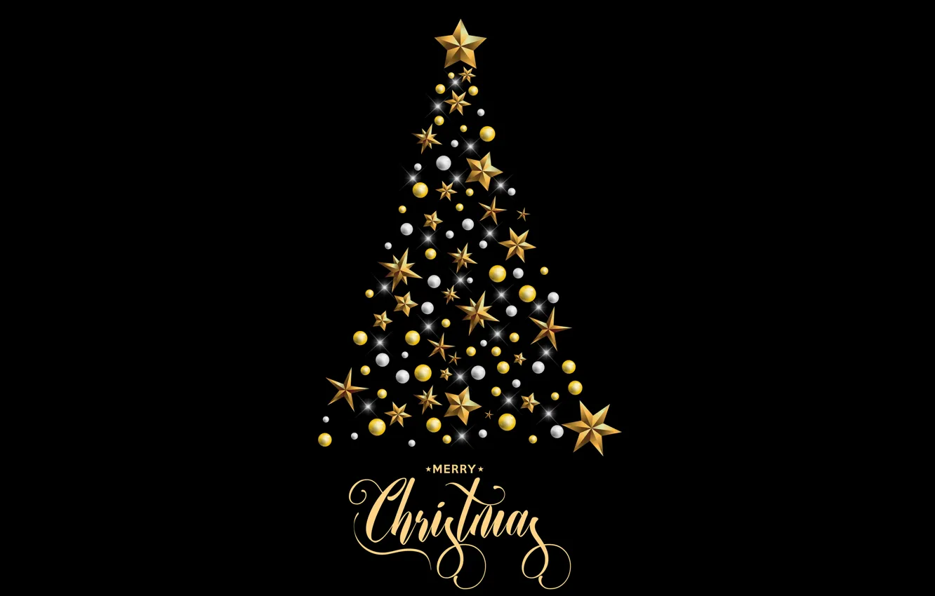 Photo wallpaper decoration, gold, tree, new year, Christmas, golden, black background, black
