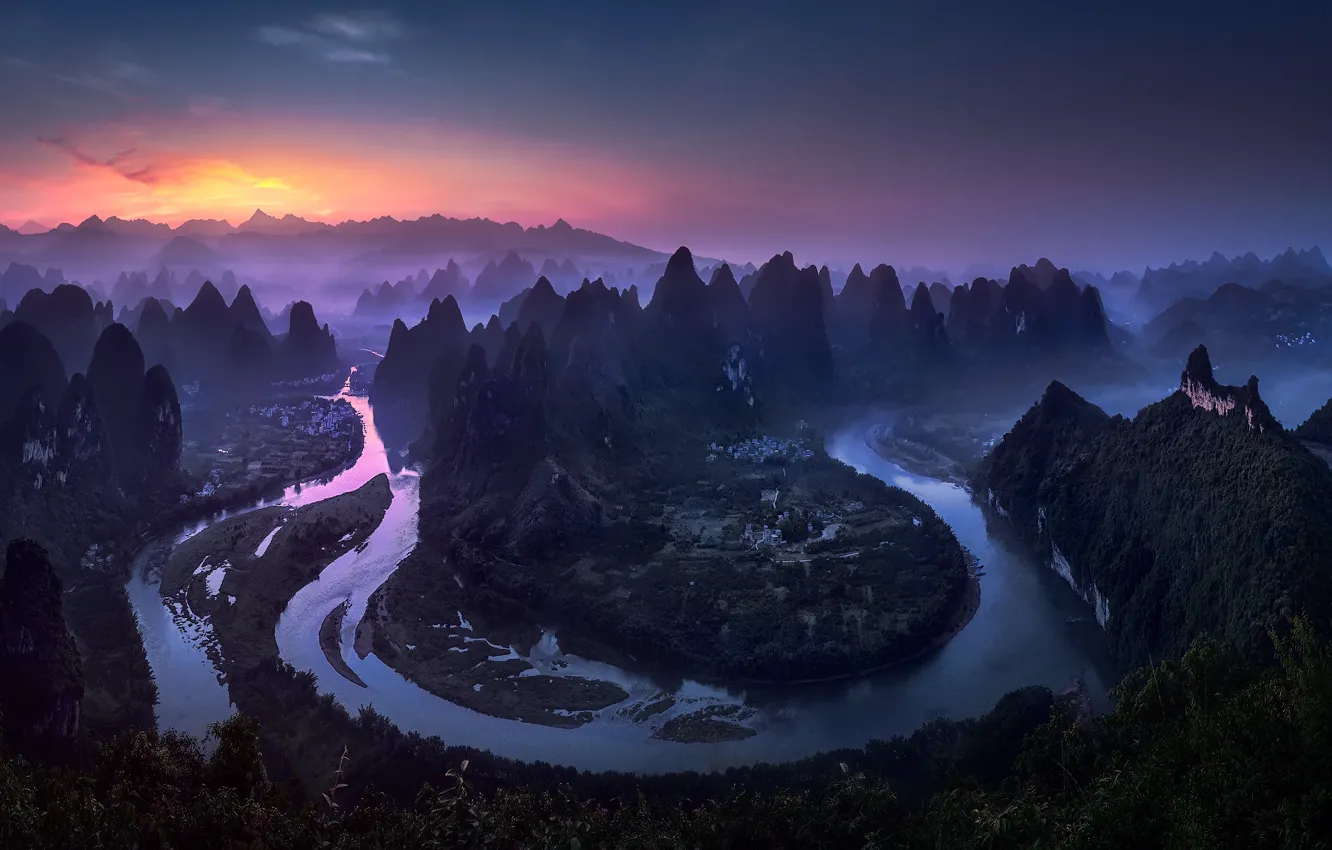 Photo wallpaper river, the evening, morning, China