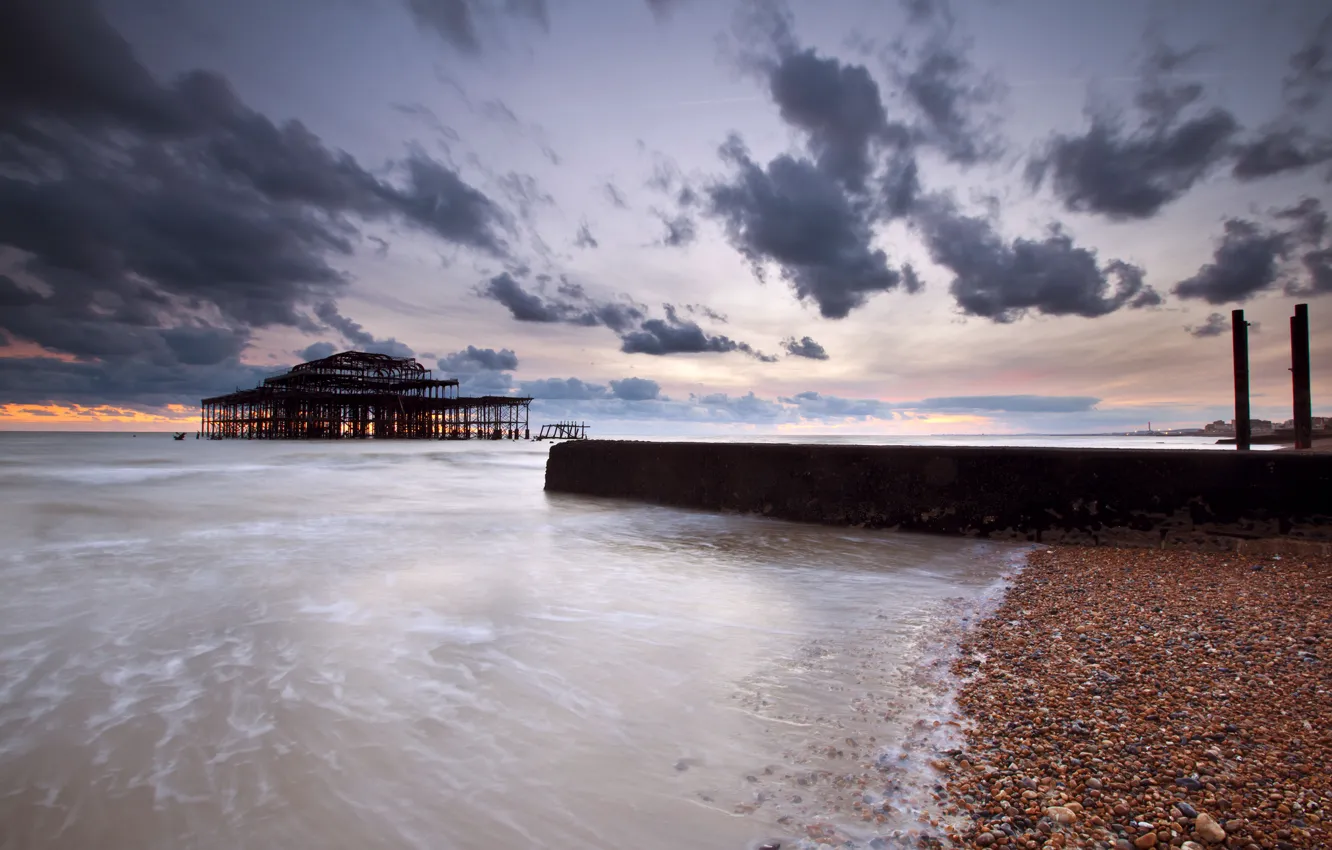 Photo wallpaper sea, the sky, clouds, sunset, clouds, Strait, stones, shore