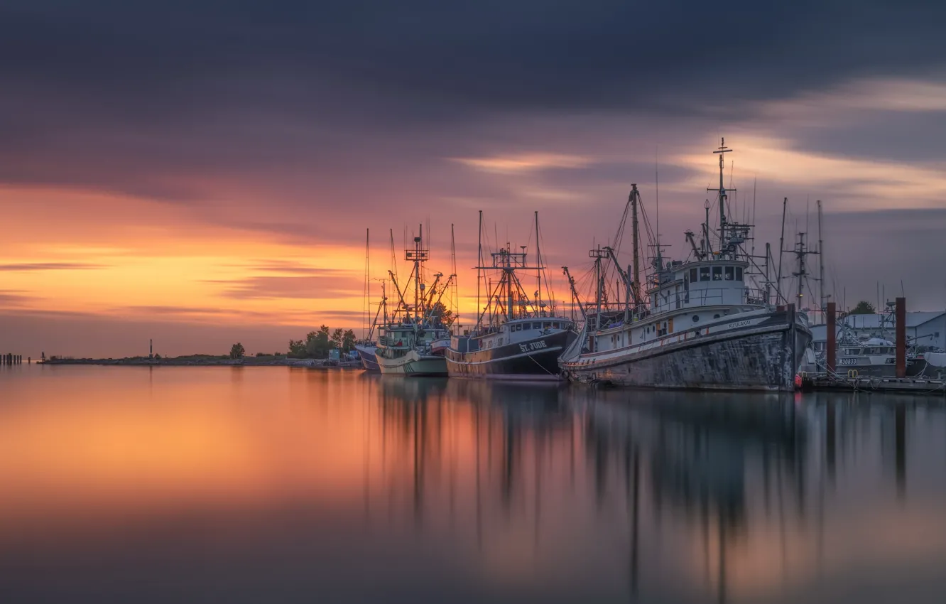 Photo wallpaper sunset, ship, port