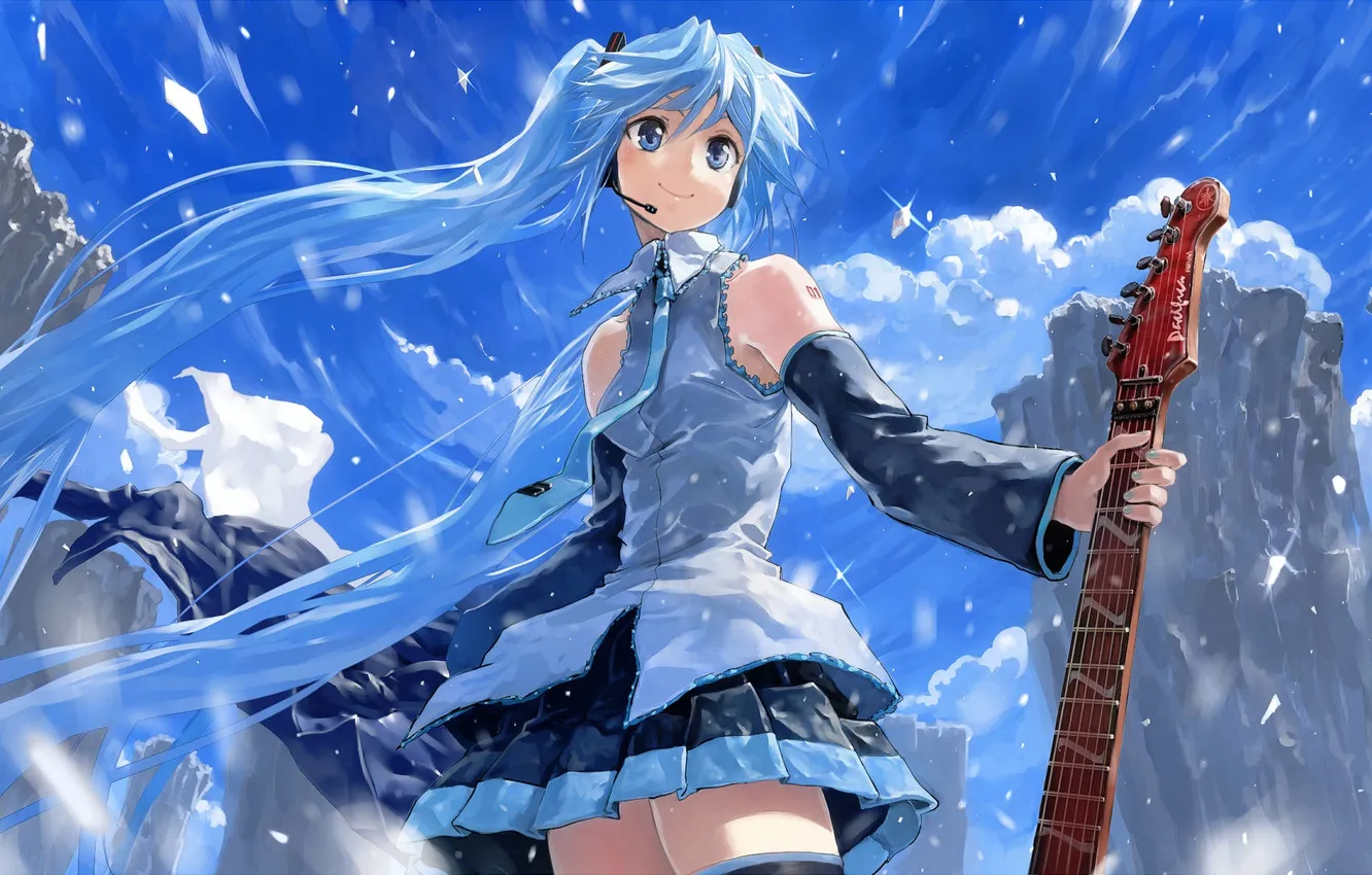 Photo wallpaper look, girl, snow, mountains, smile, guitar, headphones, art