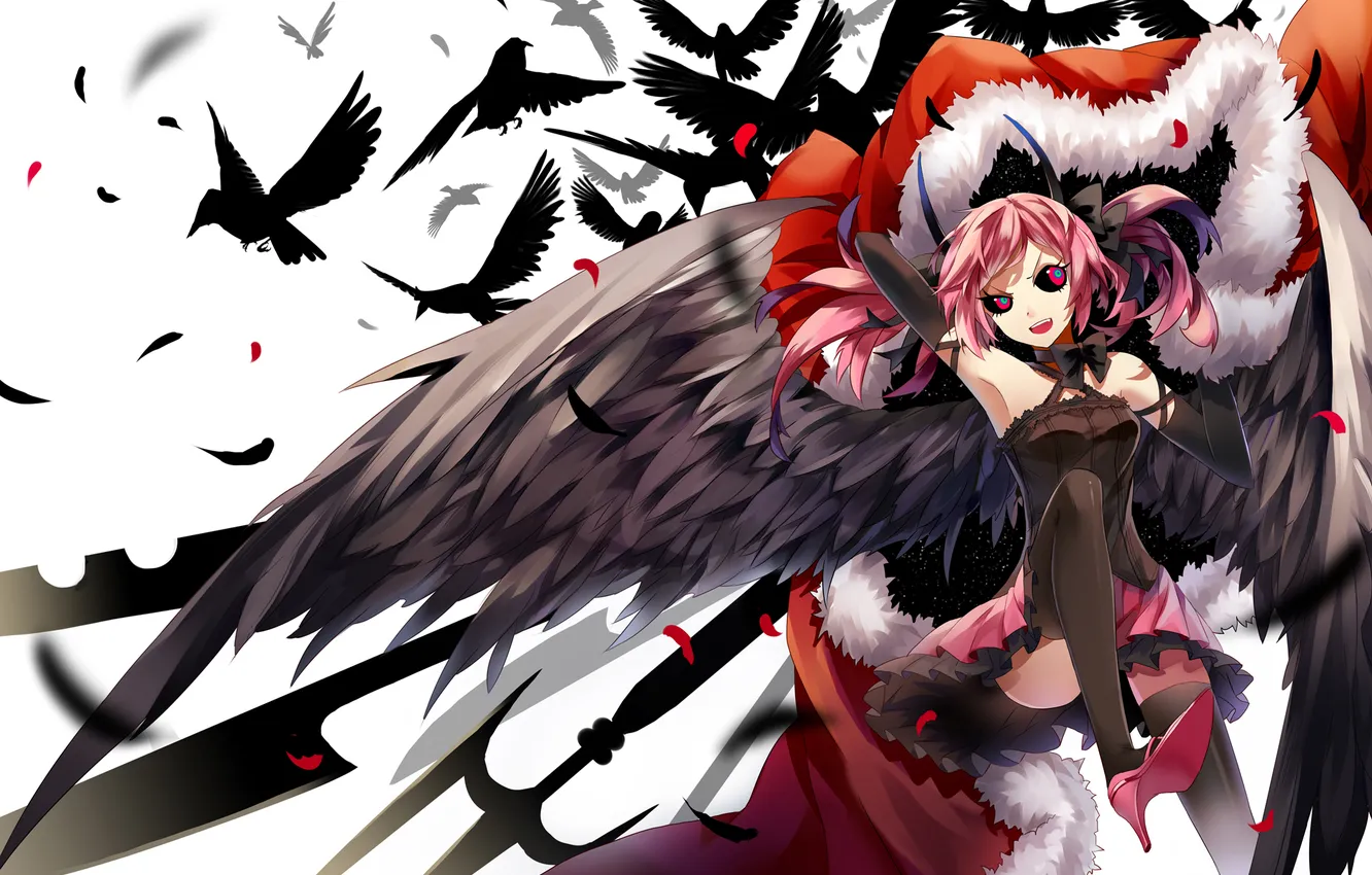 Photo wallpaper girl, bird, wings, art, crows, horns, pixiv fantasia, tsuki the