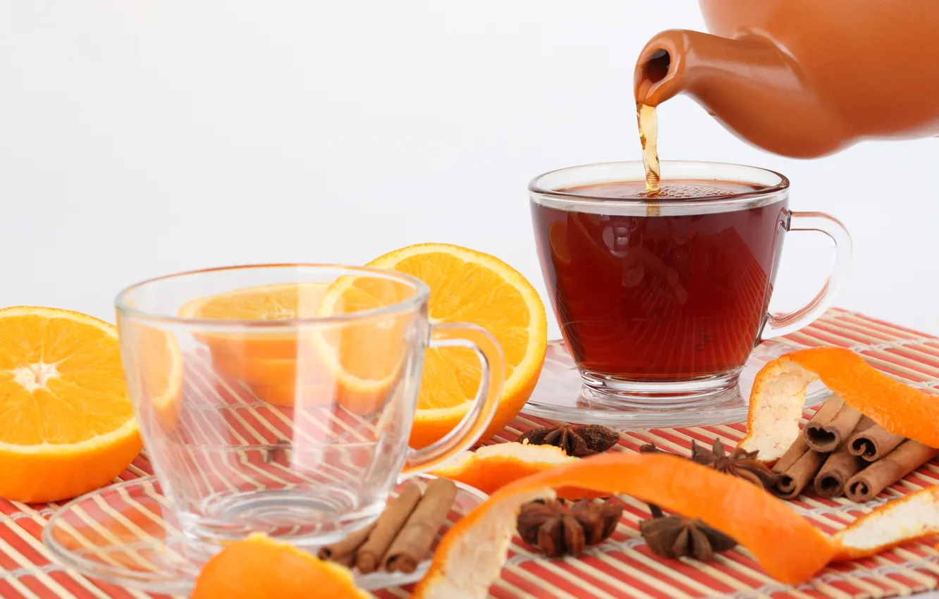 Photo wallpaper tea, orange, kettle, Cup, cinnamon